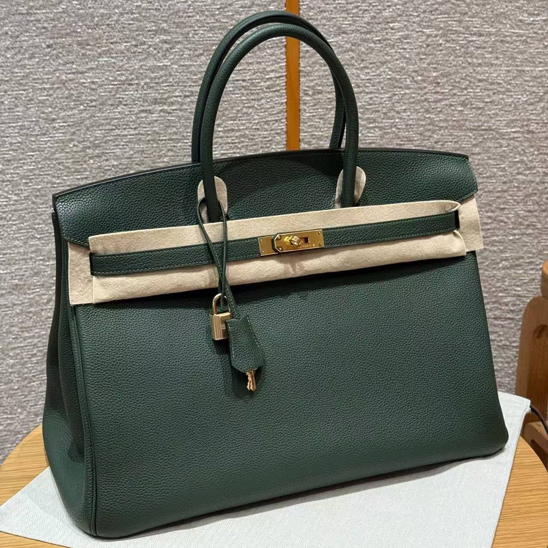 Hermes Birkin 40 Bag Handmade In Togo Calfskin Leather Gold Hardware 65 Vert Moyen