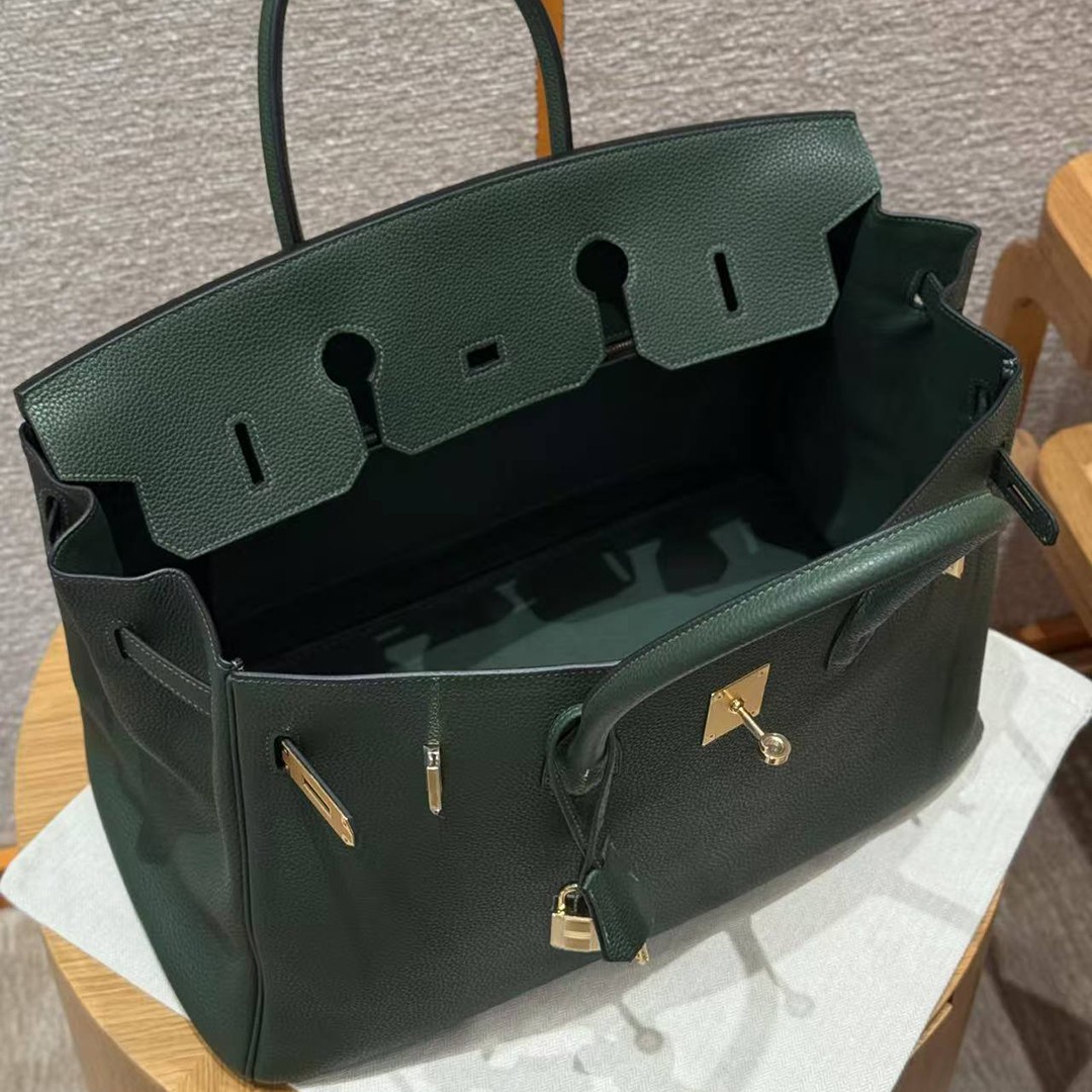 Hermes Birkin 40 Bag Handmade In Togo Calfskin Leather Gold Hardware 65 Vert Moyen - Image 17
