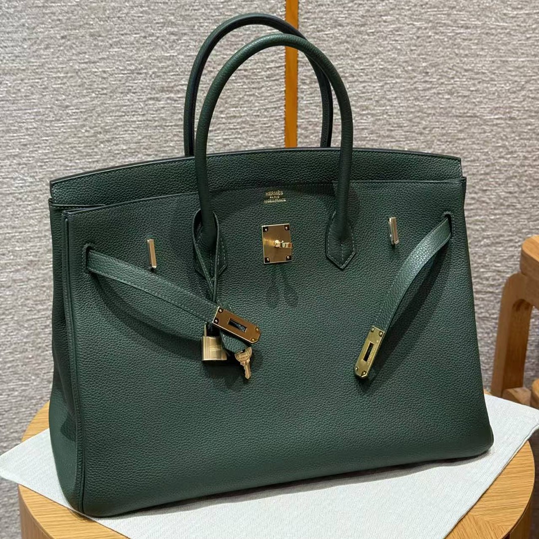 Hermes Birkin 40 Bag Handmade In Togo Calfskin Leather Gold Hardware 65 Vert Moyen - Image 13