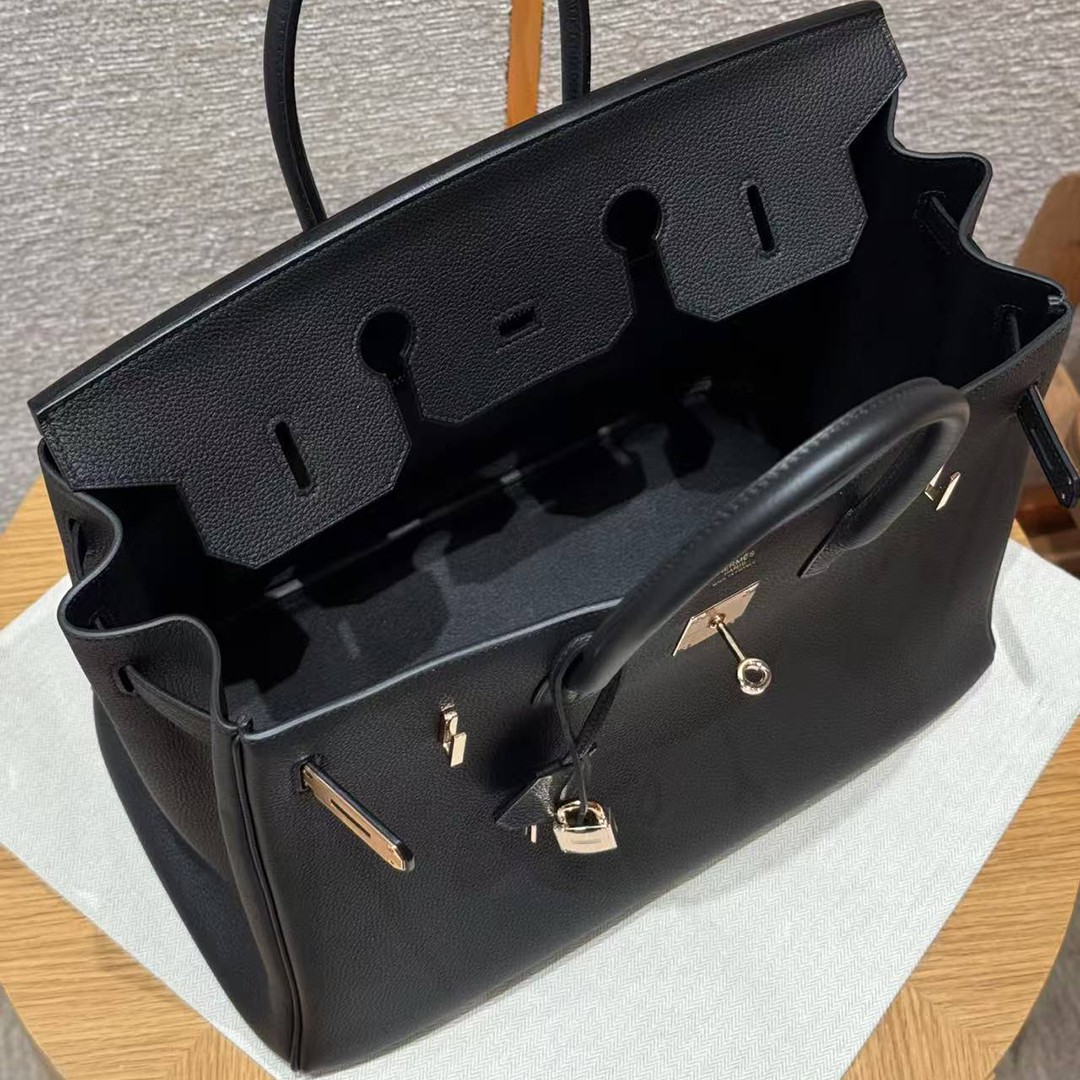 Hermes Birkin 40 Bag Handmade In Togo Calfskin Leather Rose Gold Hardware 89 Noir - Image 24