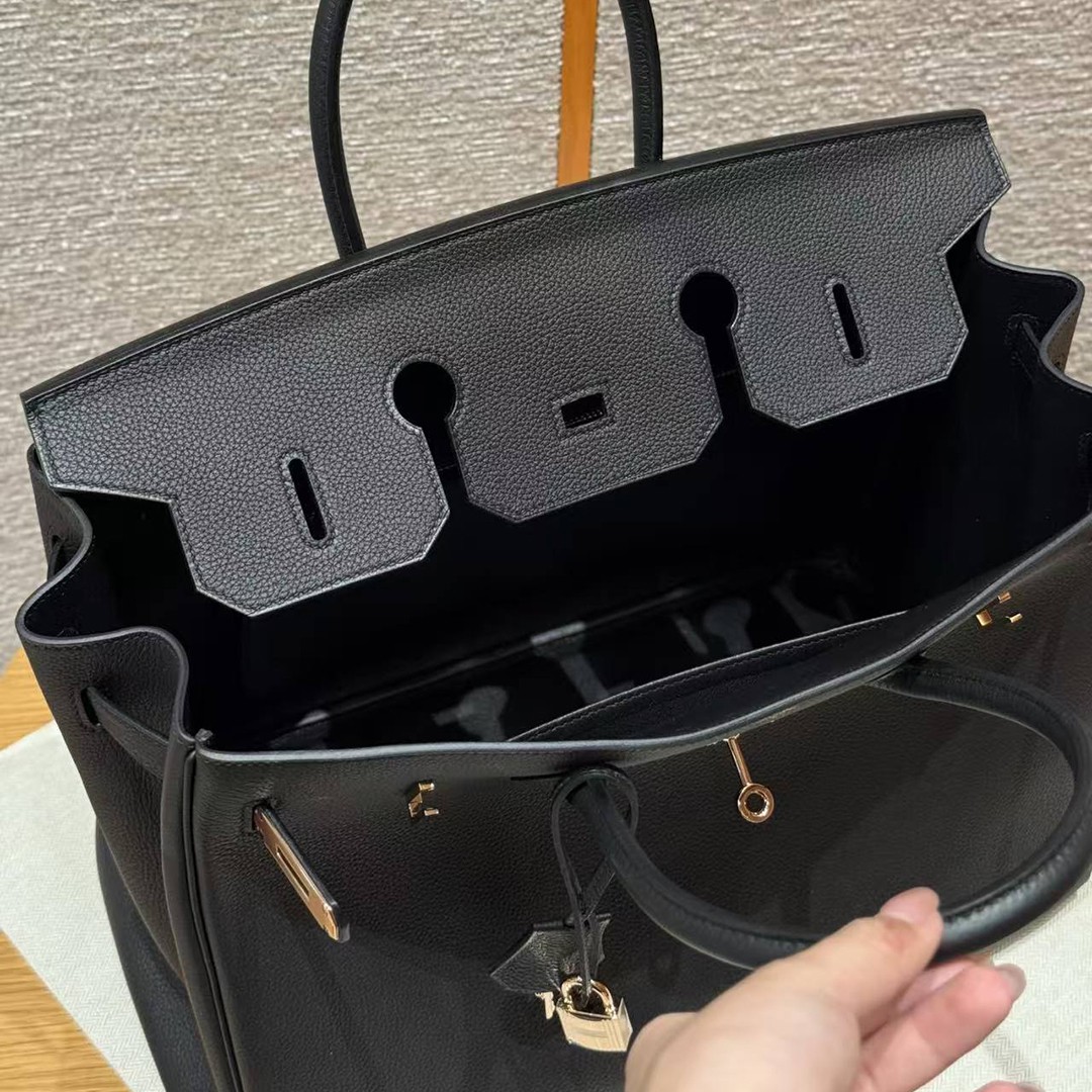 Hermes Birkin 40 Bag Handmade In Togo Calfskin Leather Rose Gold Hardware 89 Noir - Image 16