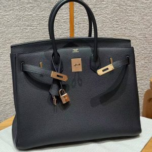 Hermes Birkin 40 Bag Handmade In Togo Calfskin Leather Rose Gold Hardware 89 Noir - Image 12