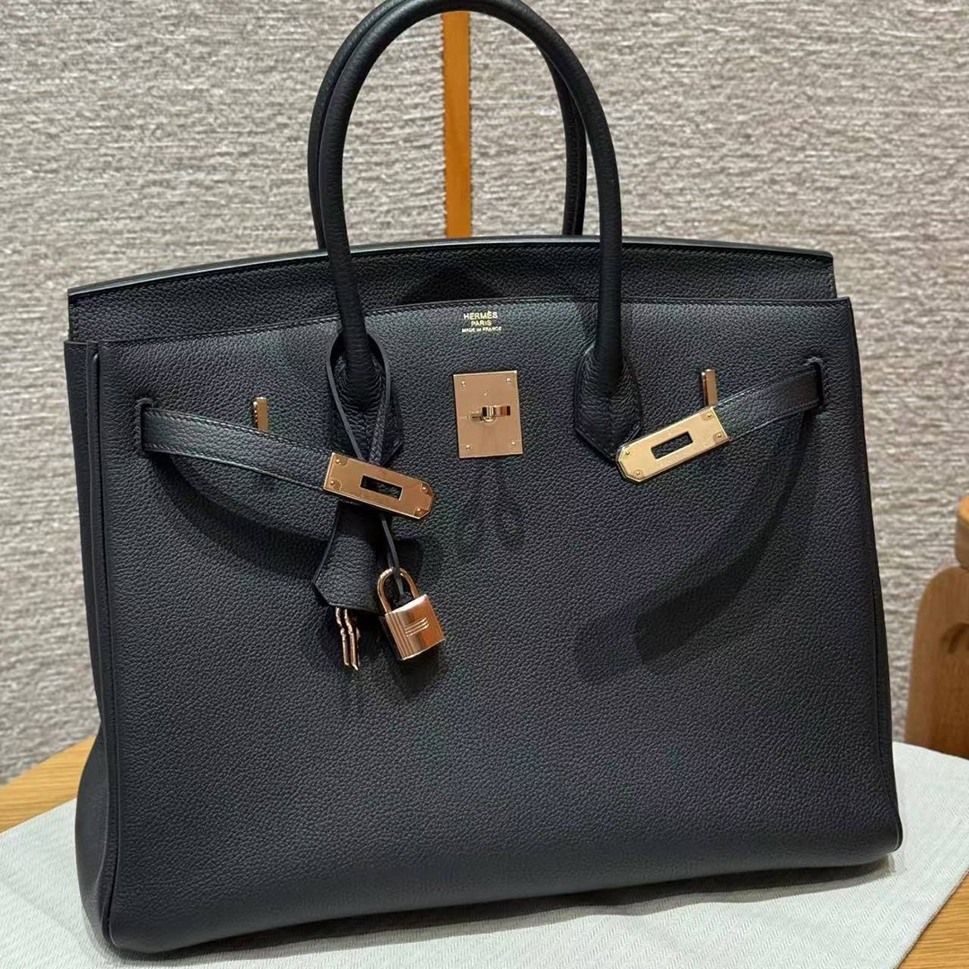 Hermes Birkin 40 Bag Handmade In Togo Calfskin Leather Rose Gold Hardware 89 Noir - Image 12