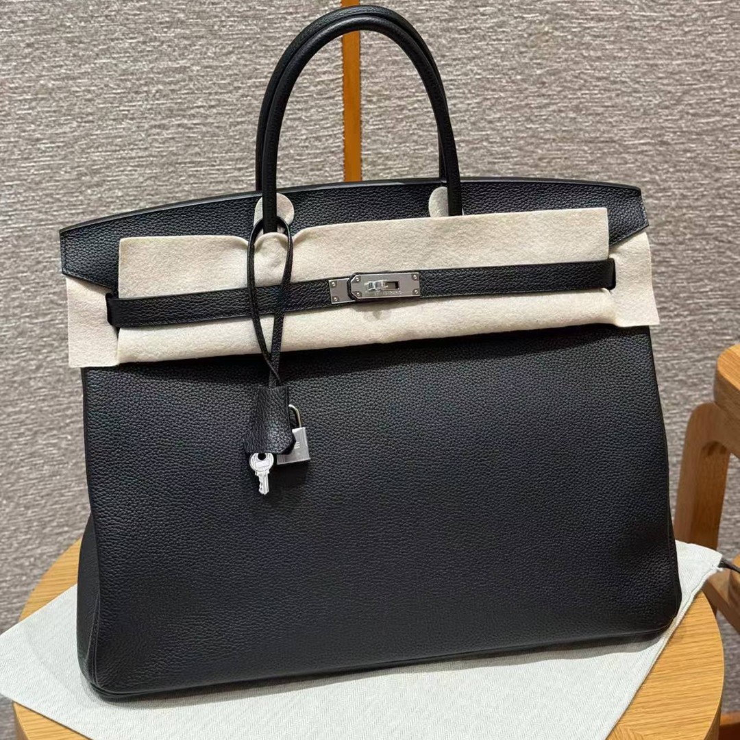 Hermes Birkin 40 Bag Handmade In Togo Calfskin Leather Silver Hardware 89 Noir
