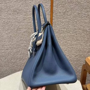 Hermes Birkin 40 Bag Handmade In Togo Calfskin Leather Silver Hardware R2 Blue Agate - Image 13