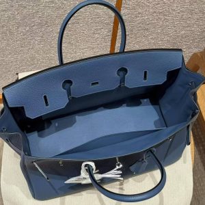 Hermes Birkin 40 Bag Handmade In Togo Calfskin Leather Silver Hardware R2 Blue Agate - Image 11