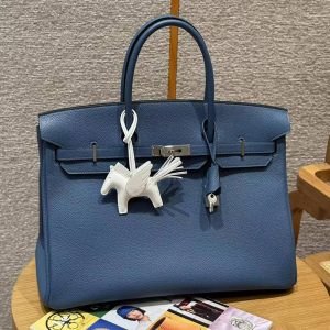 Hermes Birkin 40 Bag Handmade In Togo Calfskin Leather Silver Hardware R2 Blue Agate