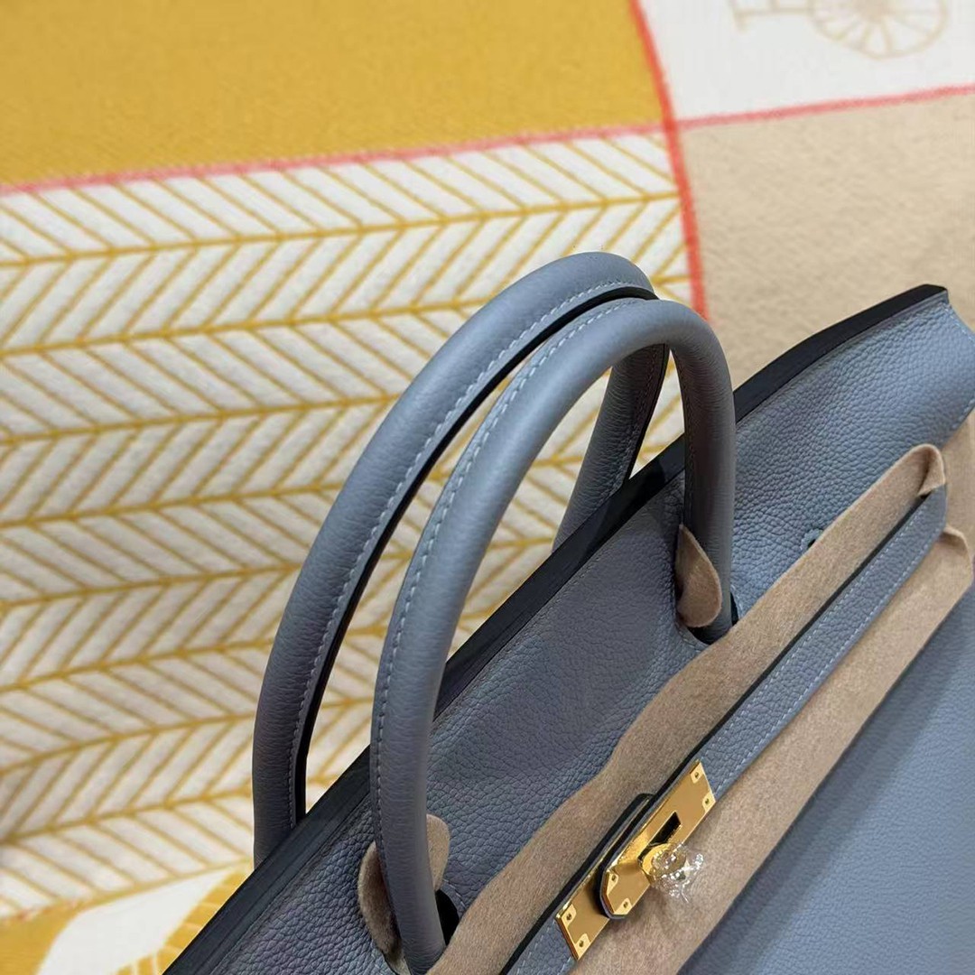 Hermes Birkin 40 Bag Handmade In Togo Calfskin Leather Gold Hardware J7 Blue Lin - Image 16