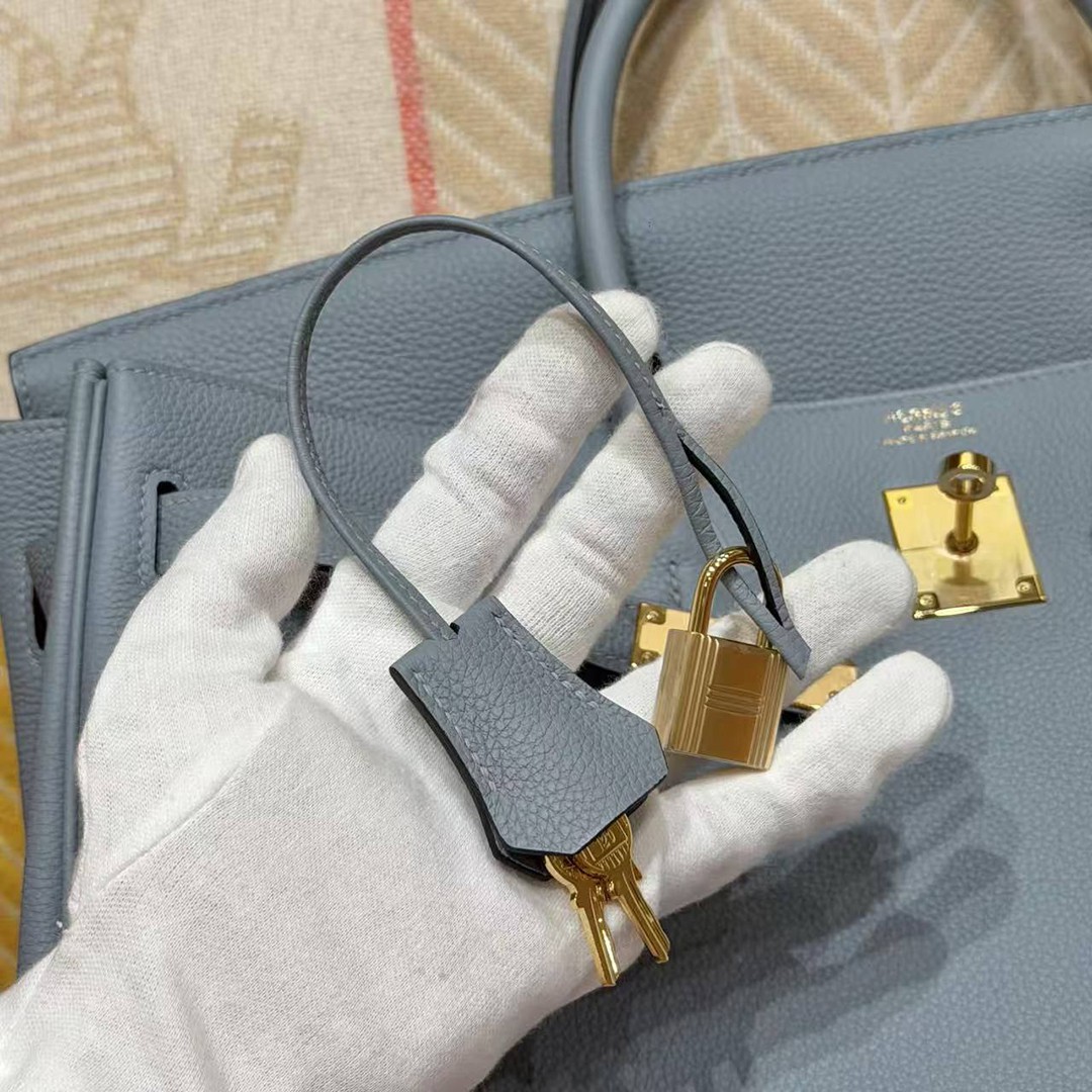 Hermes Birkin 40 Bag Handmade In Togo Calfskin Leather Gold Hardware J7 Blue Lin - Image 9
