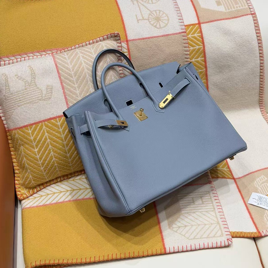 Hermes Birkin 40 Bag Handmade In Togo Calfskin Leather Gold Hardware J7 Blue Lin - Image 6