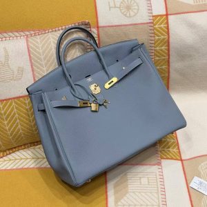 Hermes Birkin 40 Bag Handmade In Togo Calfskin Leather Gold Hardware J7 Blue Lin - Image 5