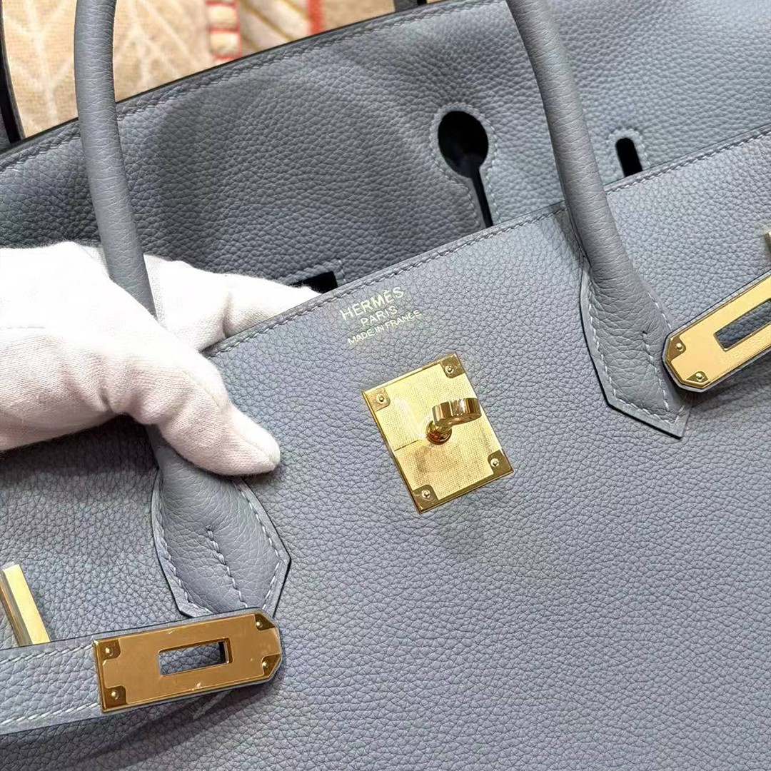 Hermes Birkin 40 Bag Handmade In Togo Calfskin Leather Gold Hardware J7 Blue Lin - Image 4