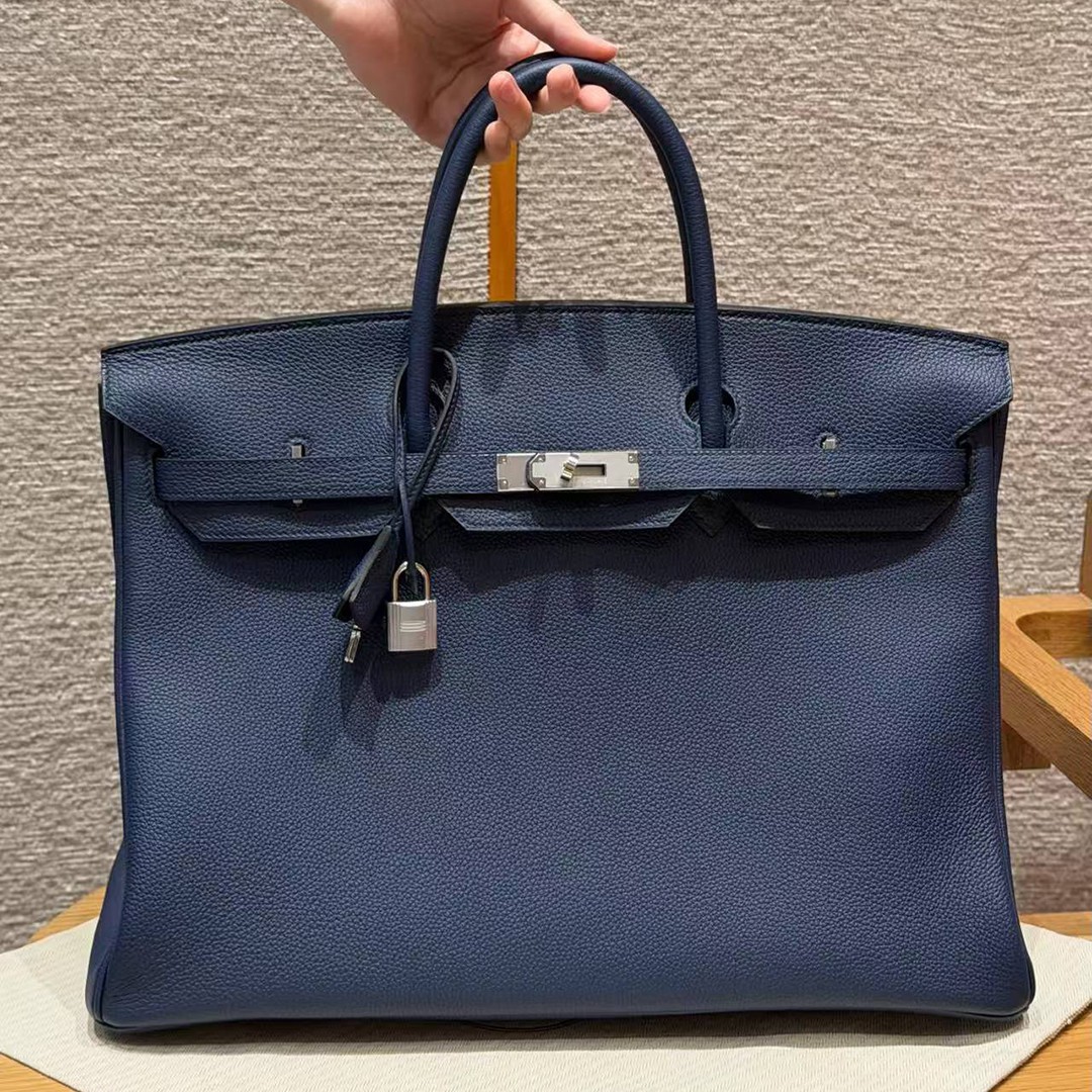 Hermes Birkin 40 Bag Handmade In Togo Calfskin Leather Silver Hardware 73 Blue Saphir - Image 2