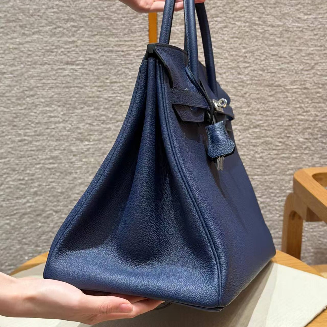 Hermes Birkin 40 Bag Handmade In Togo Calfskin Leather Silver Hardware 73 Blue Saphir - Image 17