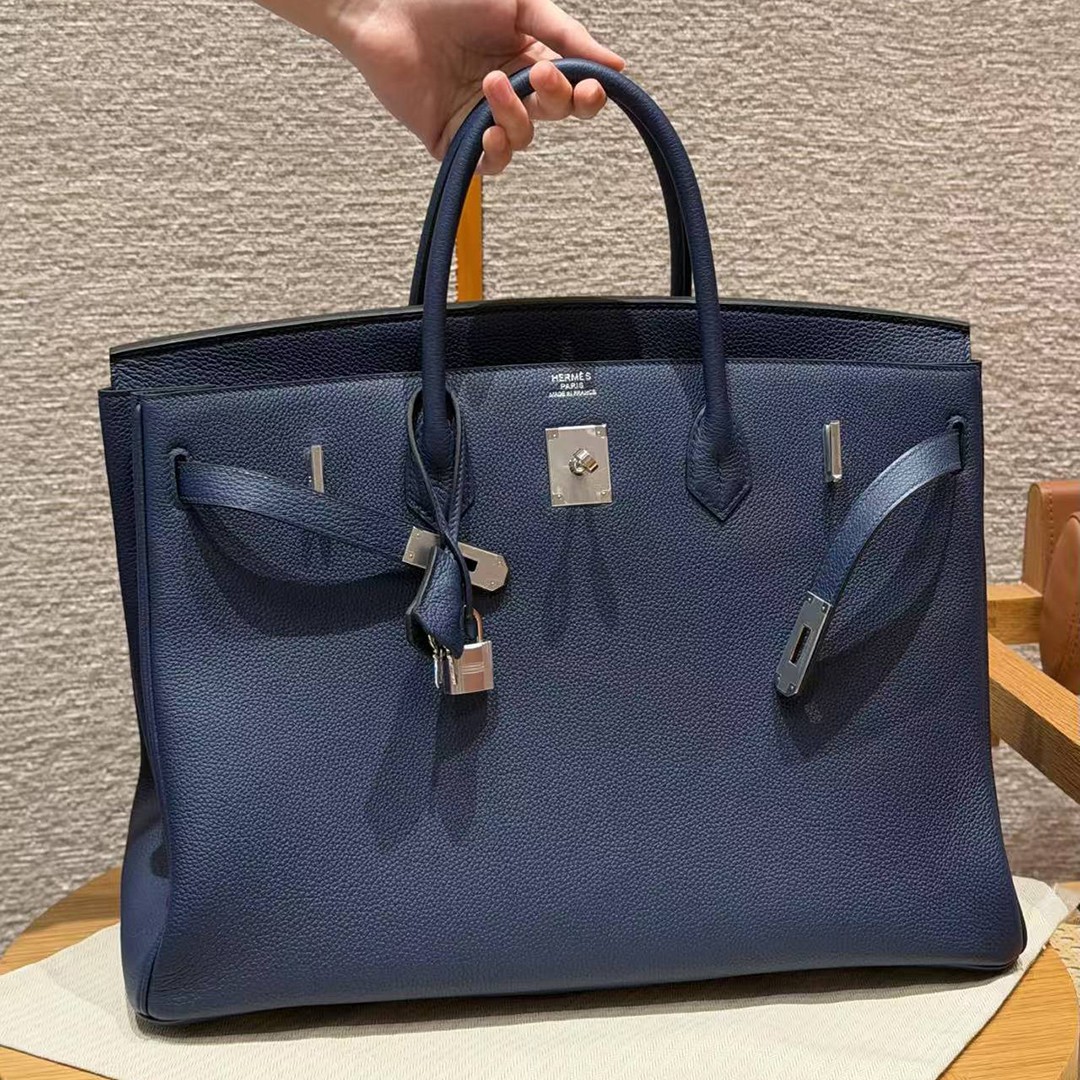Hermes Birkin 40 Bag Handmade In Togo Calfskin Leather Silver Hardware 73 Blue Saphir
