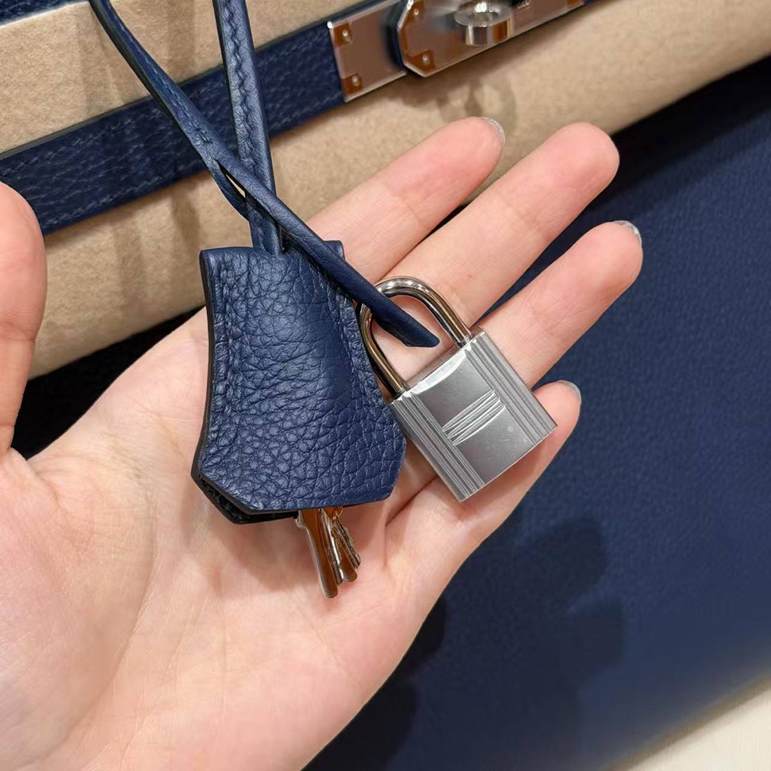 Hermes Birkin 40 Bag Handmade In Togo Calfskin Leather Silver Hardware 73 Blue Saphir - Image 4