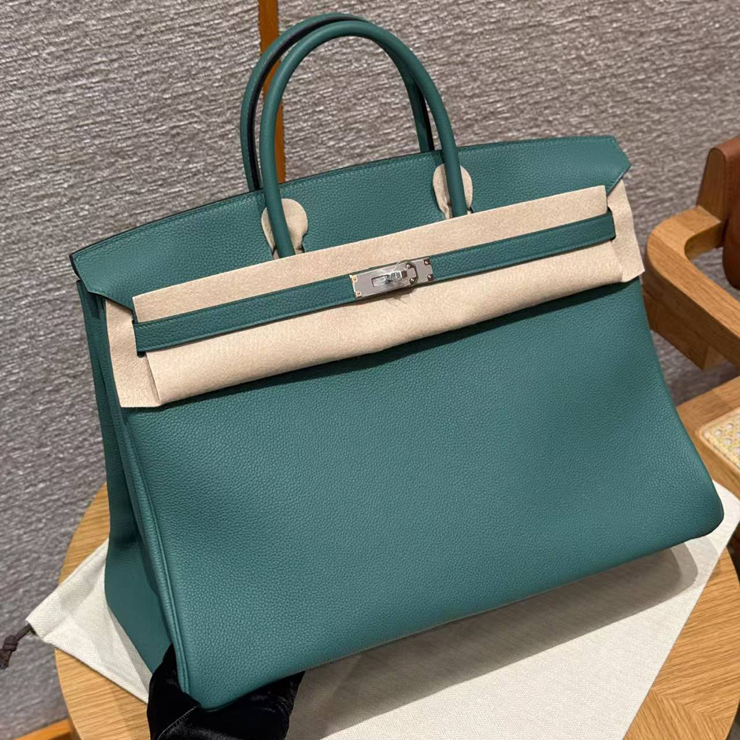Hermes Birkin 40 Bag Handmade In Togo Calfskin Leather Silver Hardware Z6 Malachite
