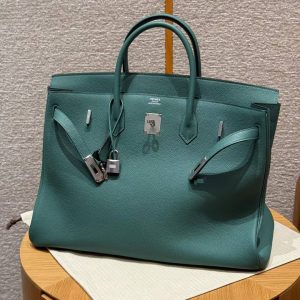 Hermes Birkin 40 Bag Handmade In Togo Calfskin Leather Silver Hardware Z6 Malachite - Image 12