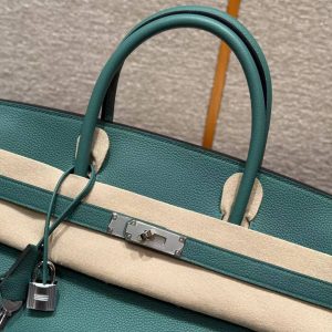 Hermes Birkin 40 Bag Handmade In Togo Calfskin Leather Silver Hardware Z6 Malachite - Image 8