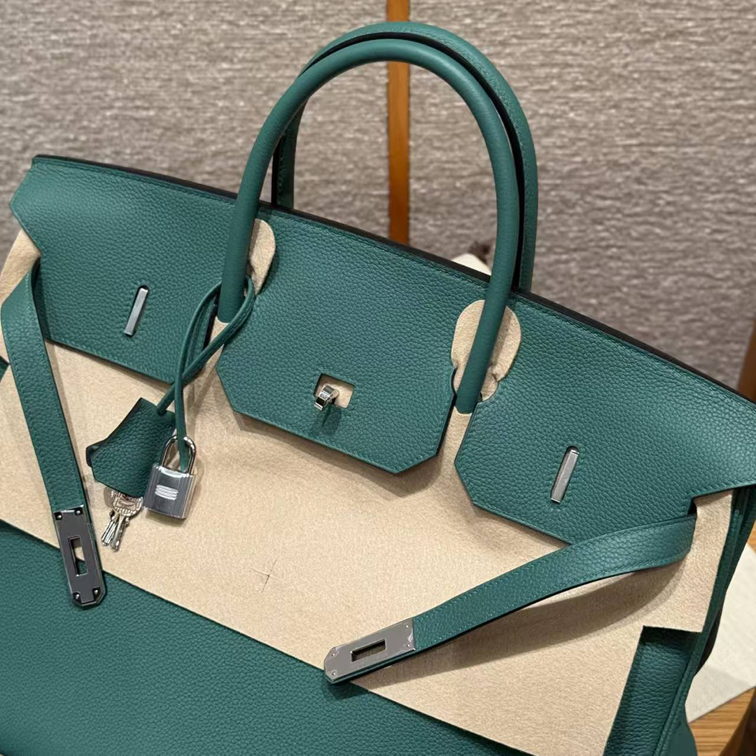 Hermes Birkin 40 Bag Handmade In Togo Calfskin Leather Silver Hardware Z6 Malachite - Image 7