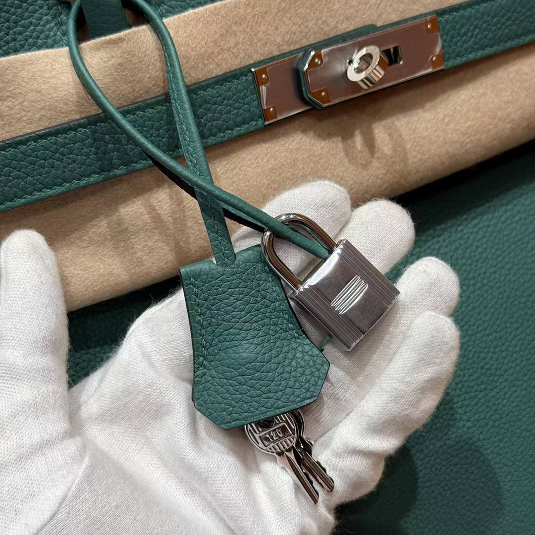 Hermes Birkin 40 Bag Handmade In Togo Calfskin Leather Silver Hardware Z6 Malachite - Image 4