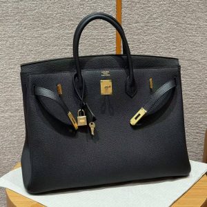 Hermes Birkin 40 Bag Handmade In Togo Calfskin Leather Gold Hardware Noir
