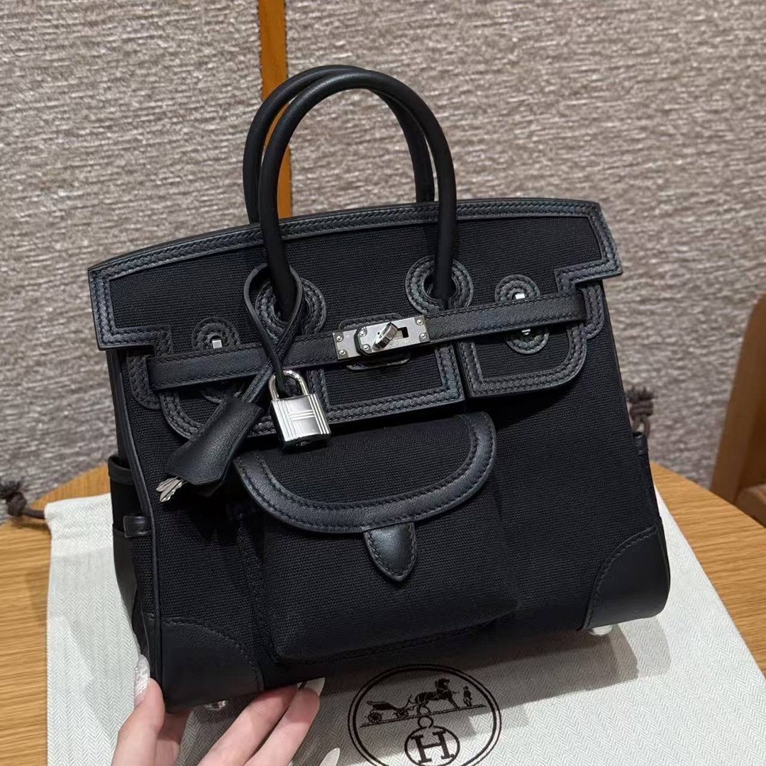 Hermes Birkin Cargo 25 Bag Handmade In Swift Calfskin Leather And Canvas Silver Hardware 89 Noir
