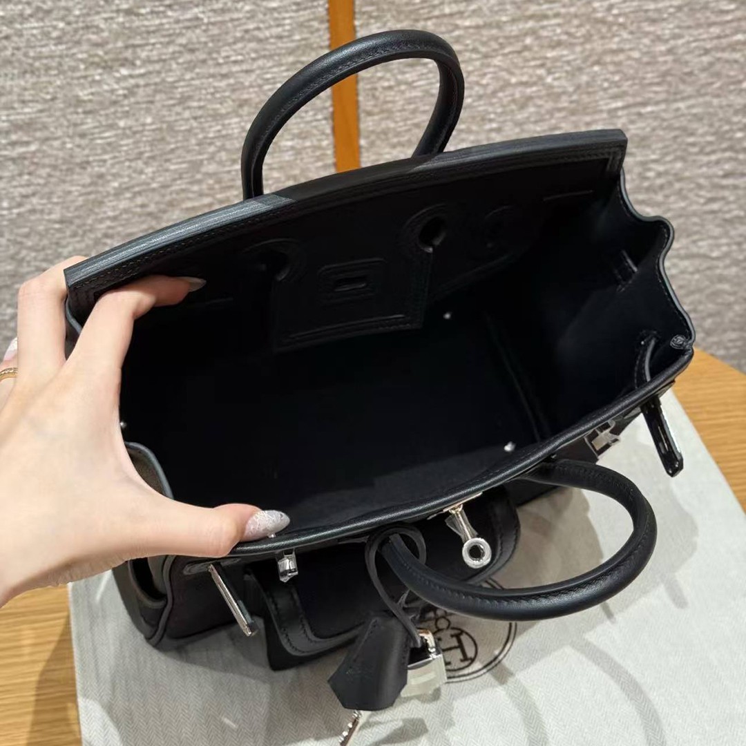 Hermes Birkin Cargo 25 Bag Handmade In Swift Calfskin Leather And Canvas Silver Hardware 89 Noir - Image 13