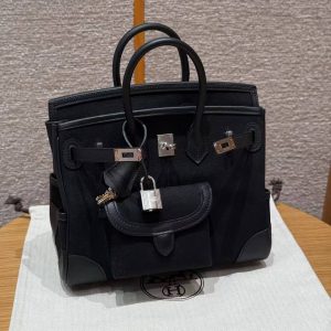 Hermes Birkin Cargo 25 Bag Handmade In Swift Calfskin Leather And Canvas Silver Hardware 89 Noir - Image 11