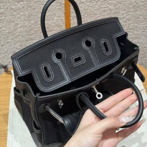 Hermes Birkin Cargo 25 Bag Handmade In Swift Calfskin Leather And Canvas Silver Hardware 89 Noir - Image 10