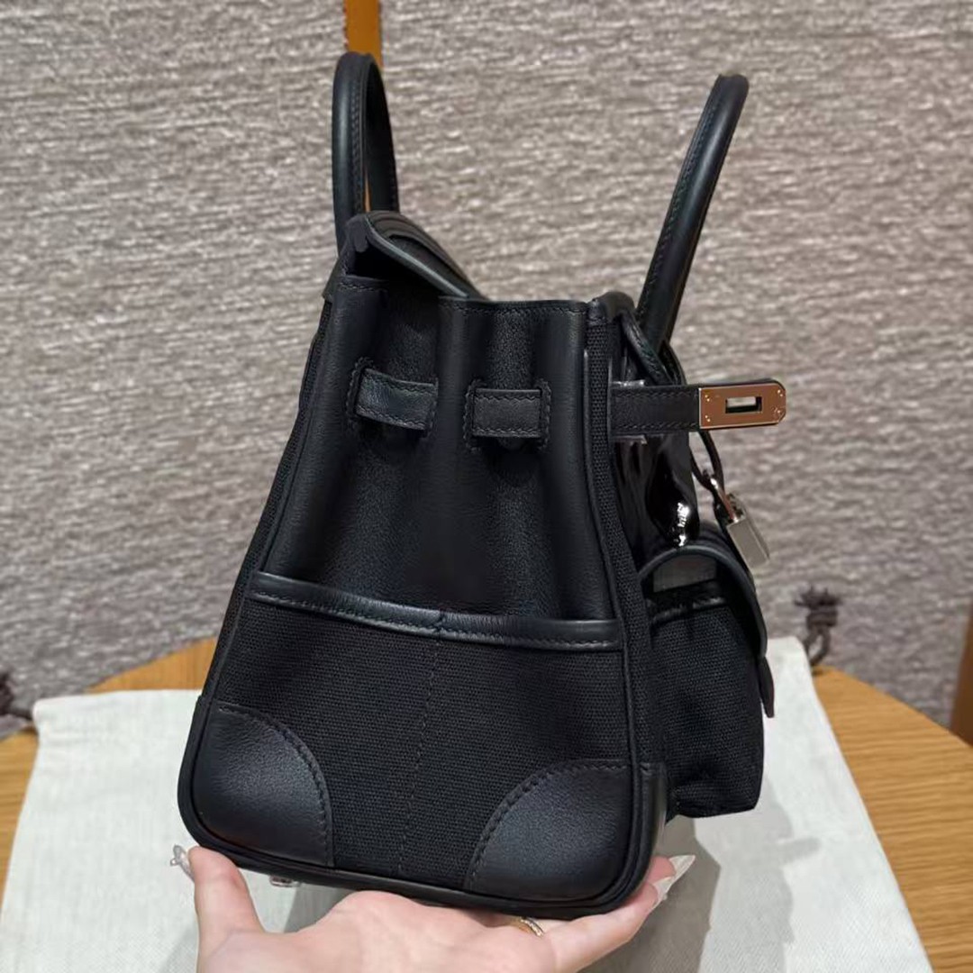 Hermes Birkin Cargo 25 Bag Handmade In Swift Calfskin Leather And Canvas Silver Hardware 89 Noir - Image 9