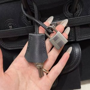 Hermes Birkin Cargo 25 Bag Handmade In Swift Calfskin Leather And Canvas Silver Hardware 89 Noir - Image 8