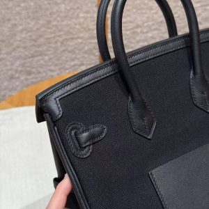 Hermes Birkin Cargo 25 Bag Handmade In Swift Calfskin Leather And Canvas Silver Hardware 89 Noir - Image 6