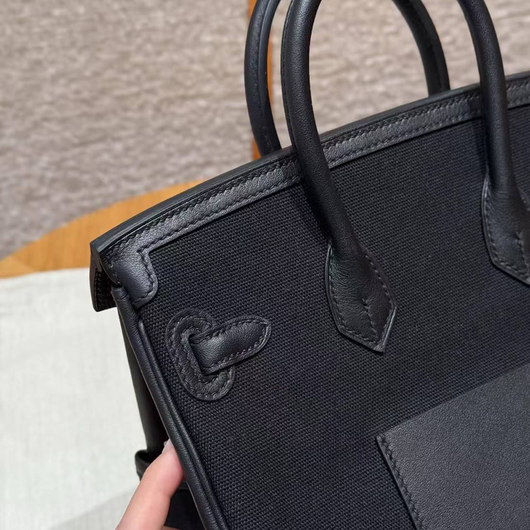 Hermes Birkin Cargo 25 Bag Handmade In Swift Calfskin Leather And Canvas Silver Hardware 89 Noir - Image 6