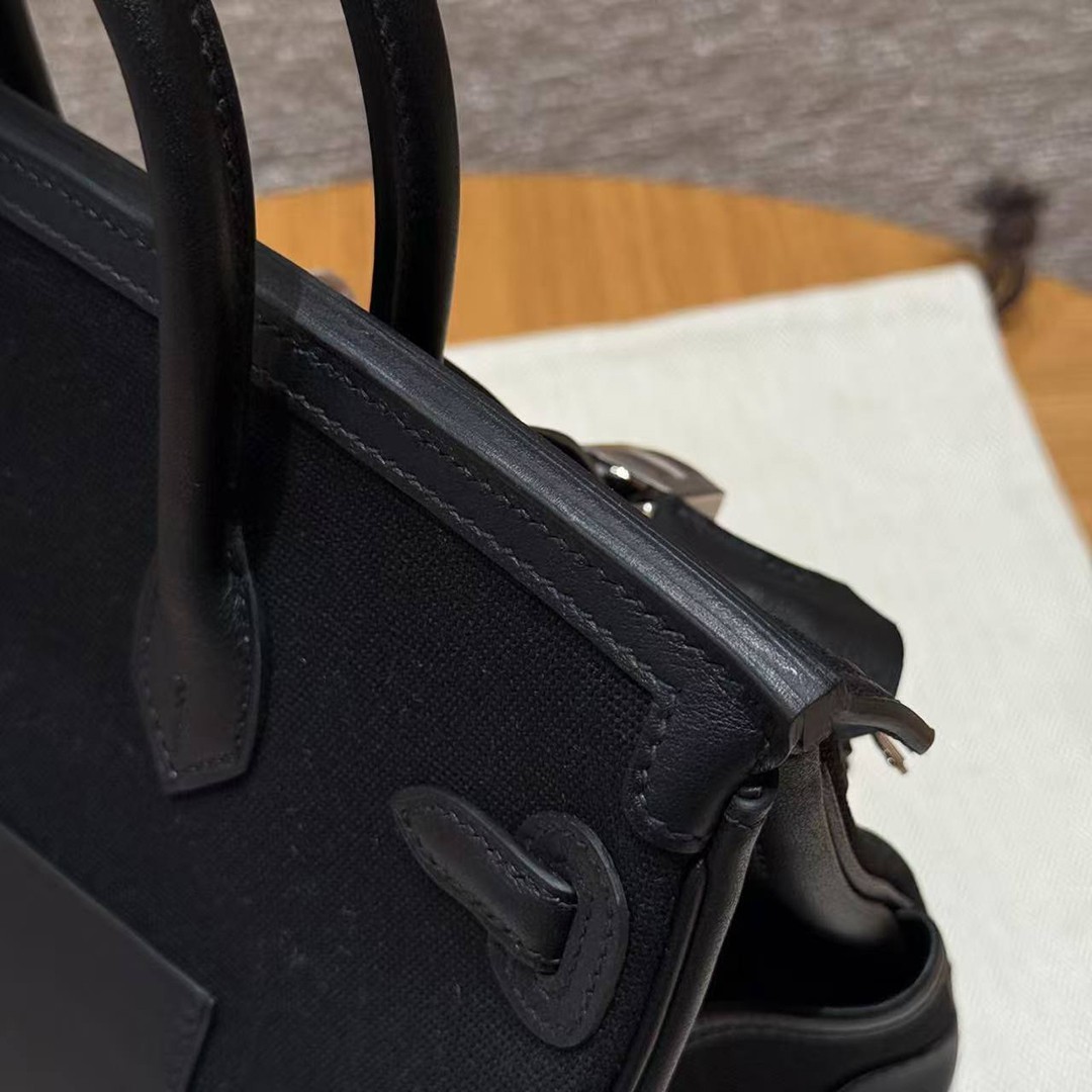 Hermes Birkin Cargo 25 Bag Handmade In Swift Calfskin Leather And Canvas Silver Hardware 89 Noir - Image 5