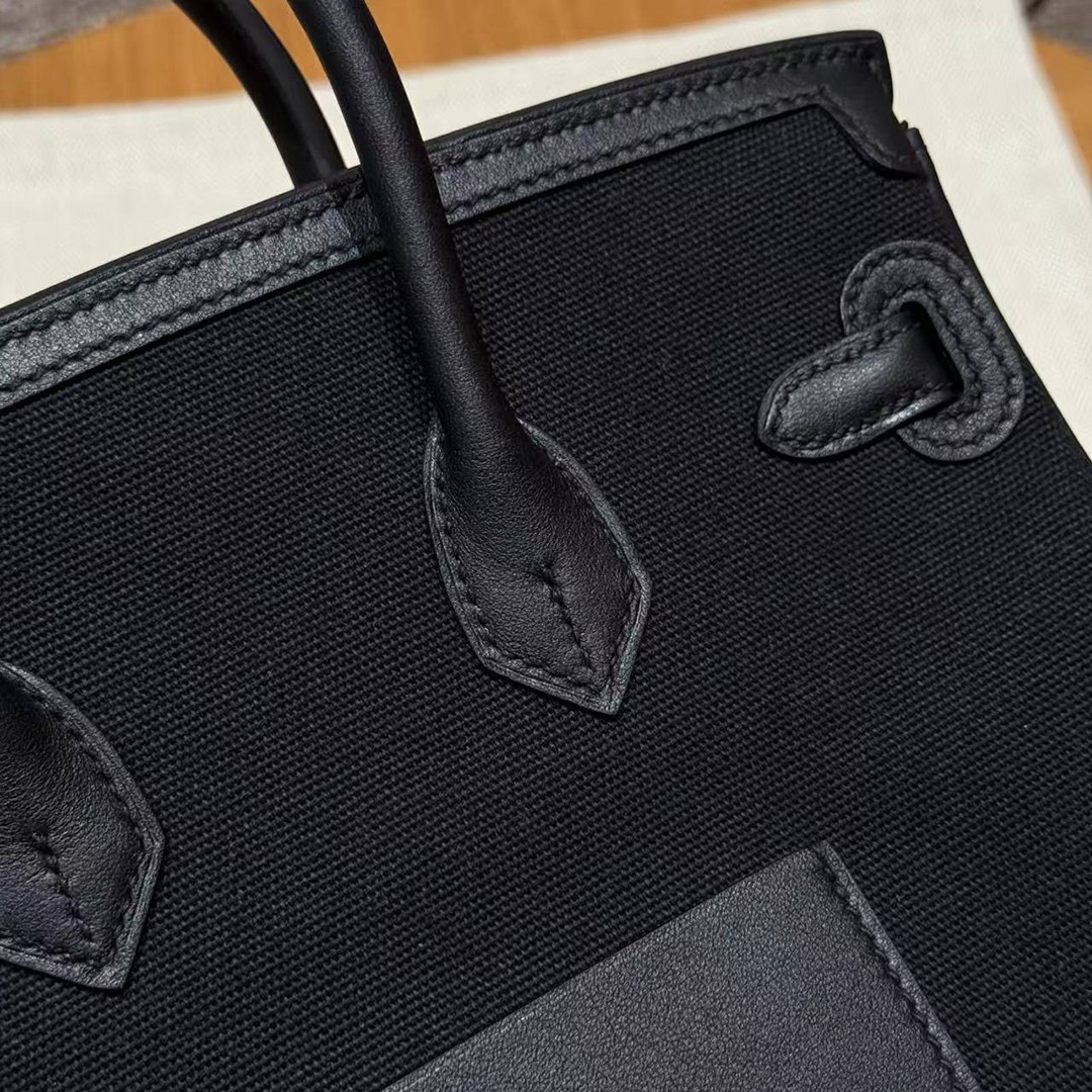 Hermes Birkin Cargo 25 Bag Handmade In Swift Calfskin Leather And Canvas Silver Hardware 89 Noir - Image 3