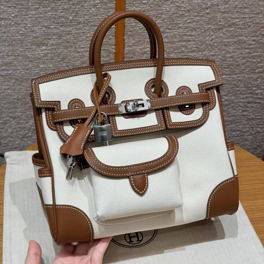 Hermes Birkin Cargo 25 Bag Handmade In Swift Calfskin Leather And Canvas Silver Hardware 37 Gold