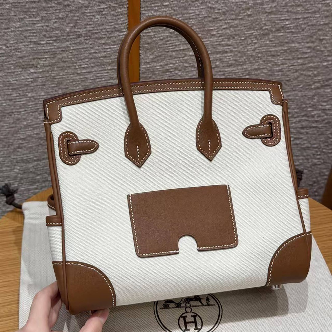 Hermes Birkin Cargo 25 Bag Handmade In Swift Calfskin Leather And Canvas Silver Hardware 37 Gold - Image 2