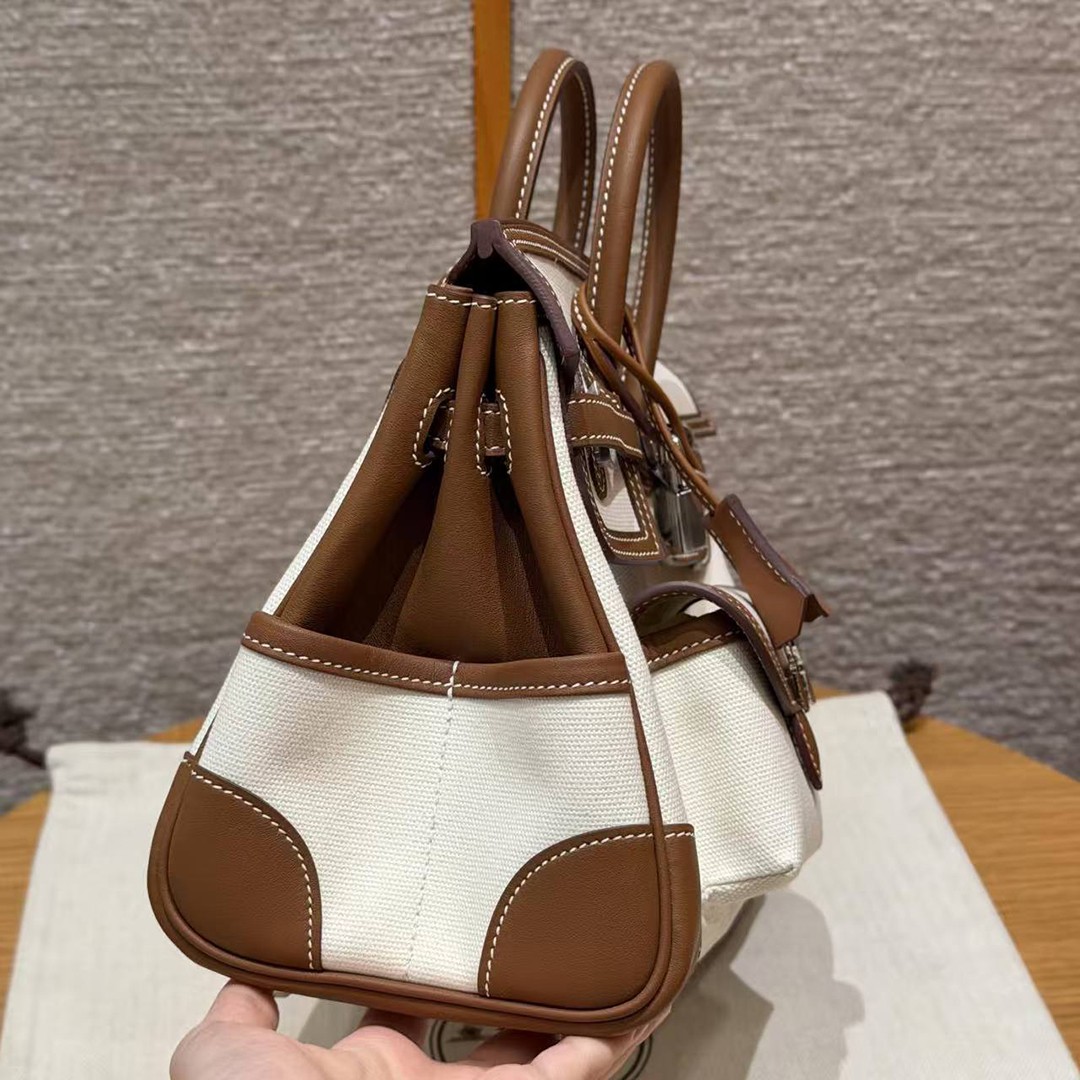 Hermes Birkin Cargo 25 Bag Handmade In Swift Calfskin Leather And Canvas Silver Hardware 37 Gold - Image 21