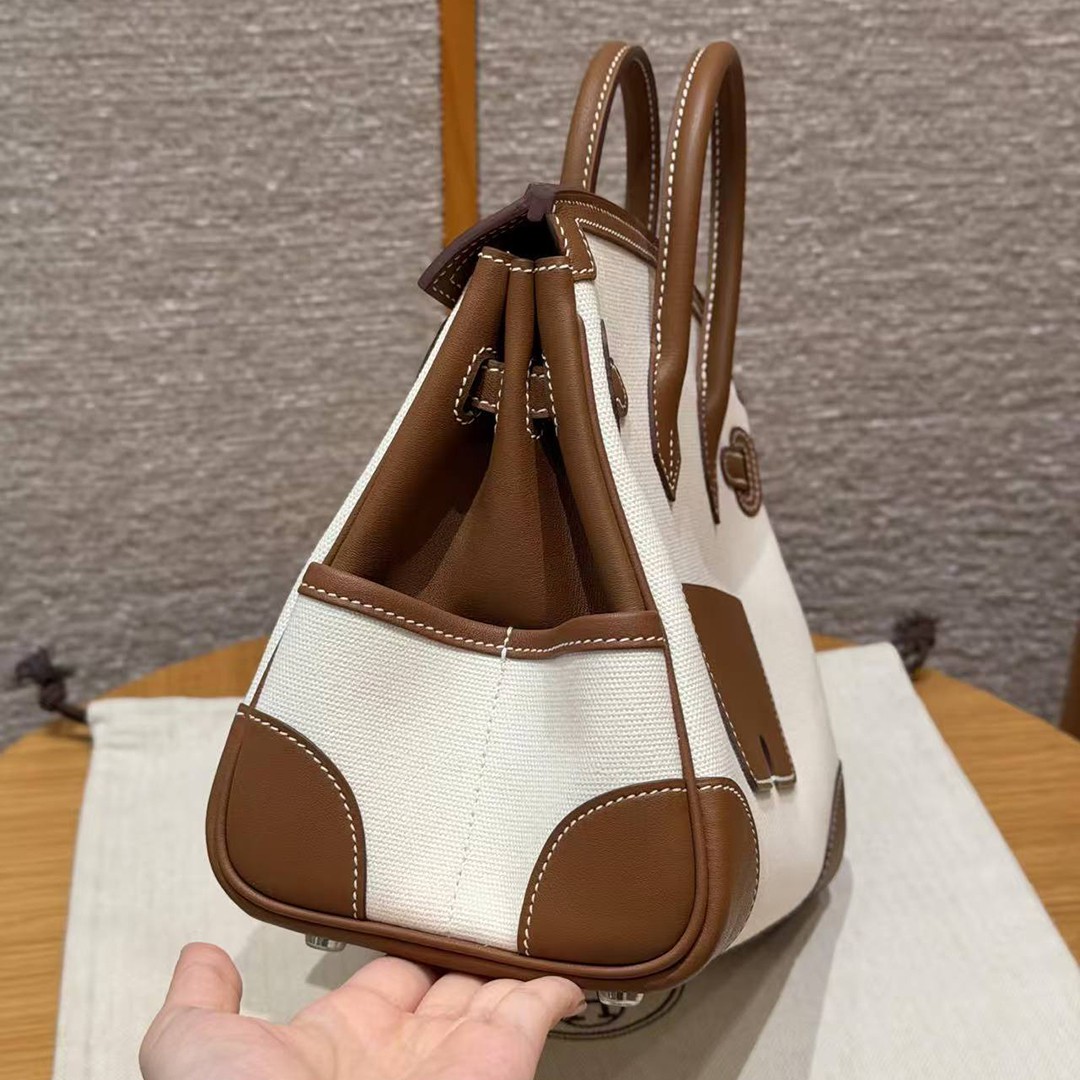 Hermes Birkin Cargo 25 Bag Handmade In Swift Calfskin Leather And Canvas Silver Hardware 37 Gold - Image 20