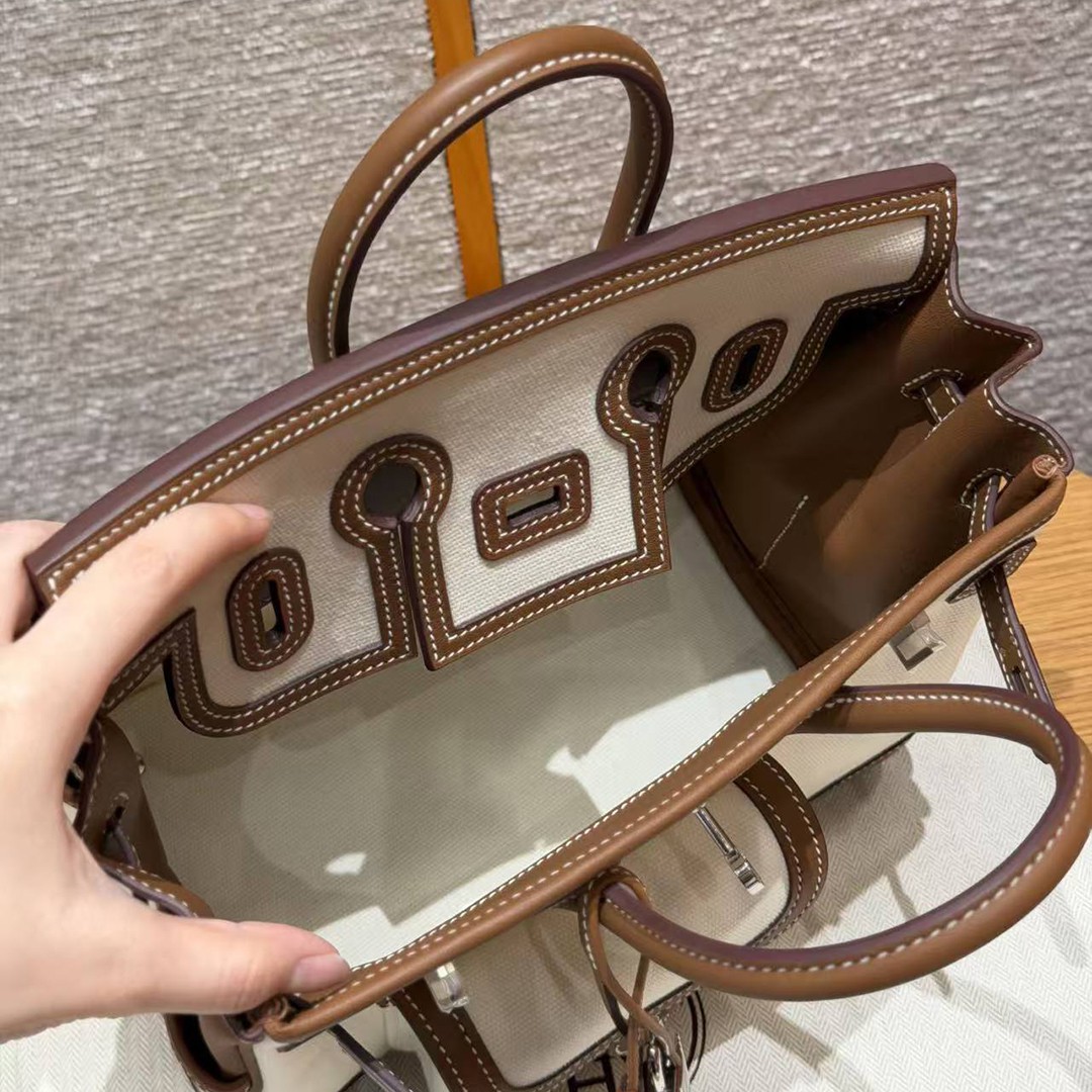 Hermes Birkin Cargo 25 Bag Handmade In Swift Calfskin Leather And Canvas Silver Hardware 37 Gold - Image 18