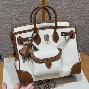 Hermes Birkin Cargo 25 Bag Handmade In Swift Calfskin Leather And Canvas Silver Hardware 37 Gold - Image 14