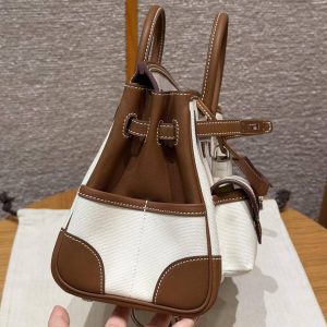 Hermes Birkin Cargo 25 Bag Handmade In Swift Calfskin Leather And Canvas Silver Hardware 37 Gold - Image 13