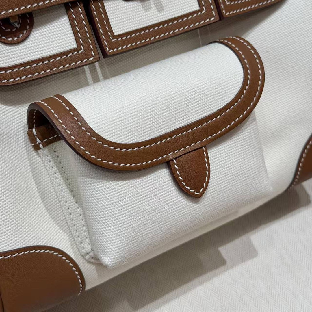 Hermes Birkin Cargo 25 Bag Handmade In Swift Calfskin Leather And Canvas Silver Hardware 37 Gold - Image 5