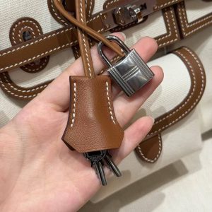 Hermes Birkin Cargo 25 Bag Handmade In Swift Calfskin Leather And Canvas Silver Hardware 37 Gold - Image 3