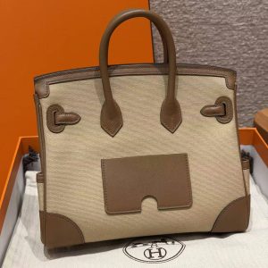 Hermes Birkin Cargo 25 Bag Handmade In Swift Calfskin Leather And Canvas Silver Hardware 4C Ecorce - Image 2
