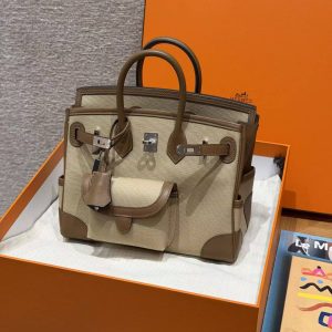 Hermes Birkin Cargo 25 Bag Handmade In Swift Calfskin Leather And Canvas Silver Hardware 4C Ecorce - Image 11