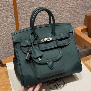 Hermes Birkin Cargo 25 Bag Handmade In Swift Calfskin Leather And Canvas Silver Hardware 65 Vert Moyen