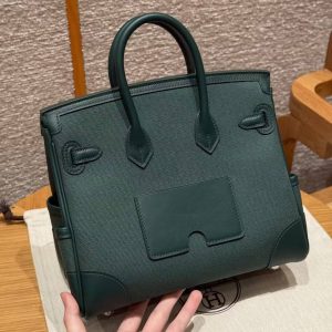 Hermes Birkin Cargo 25 Bag Handmade In Swift Calfskin Leather And Canvas Silver Hardware 65 Vert Moyen - Image 2
