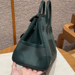 Hermes Birkin Cargo 25 Bag Handmade In Swift Calfskin Leather And Canvas Silver Hardware 65 Vert Moyen - Image 16
